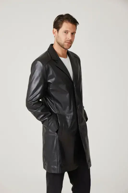 Genuine leather trench coat, black, with Tarkan buttons and lining. - 5