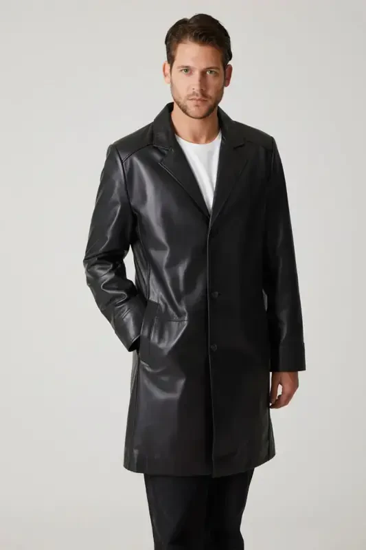 Genuine leather trench coat, black, with Tarkan buttons and lining. - 7