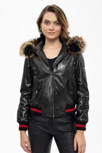 Genuine leather women's jacket, black color, Tracy Sleeve, Ribbed Waist, Lined, Fur Trimmed Hood. - 2