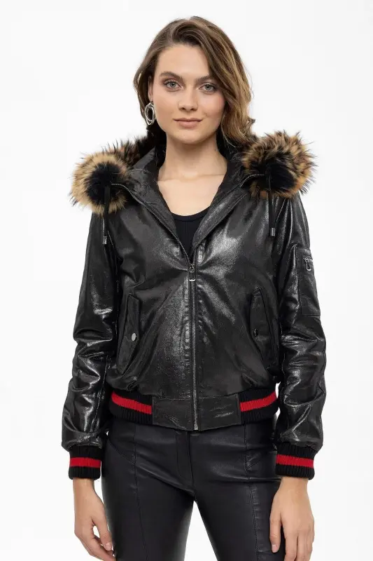 Genuine leather women's jacket, black color, Tracy Sleeve, Ribbed Waist, Lined, Fur Trimmed Hood. - 2