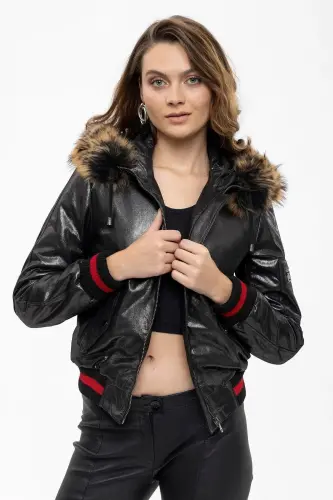 Genuine leather women's jacket, black color, Tracy Sleeve, Ribbed Waist, Lined, Fur Trimmed Hood. - 4