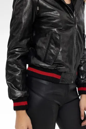 Genuine leather women's jacket, black color, Tracy Sleeve, Ribbed Waist, Lined, Fur Trimmed Hood. - 5