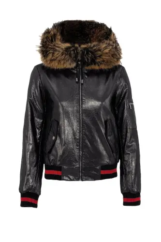 Genuine leather women's jacket, black color, Tracy Sleeve, Ribbed Waist, Lined, Fur Trimmed Hood. - 6