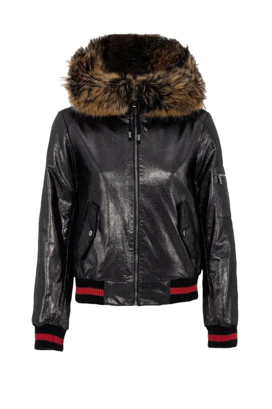 Genuine leather women's jacket, black color, Tracy Sleeve, Ribbed Waist, Lined, Fur Trimmed Hood. - 6