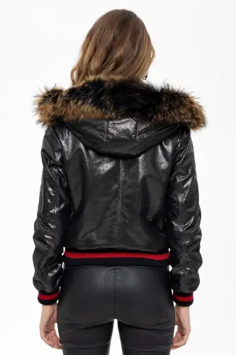 Genuine leather women's jacket, black color, Tracy Sleeve, Ribbed Waist, Lined, Fur Trimmed Hood. - 7