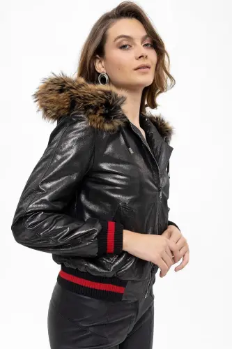 Genuine leather women's jacket, black color, Tracy Sleeve, Ribbed Waist, Lined, Fur Trimmed Hood. 