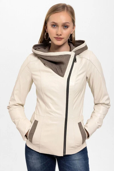 Genuine leather women's jacket with beige Antonia knit hood. - DERIDERIM