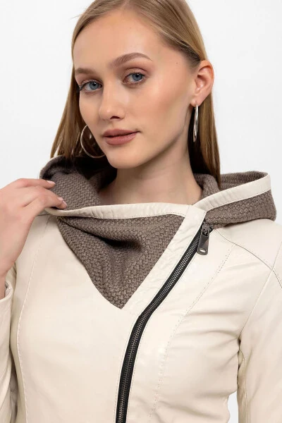 Genuine leather women's jacket with beige Antonia knit hood. - DERIDERIM (1)