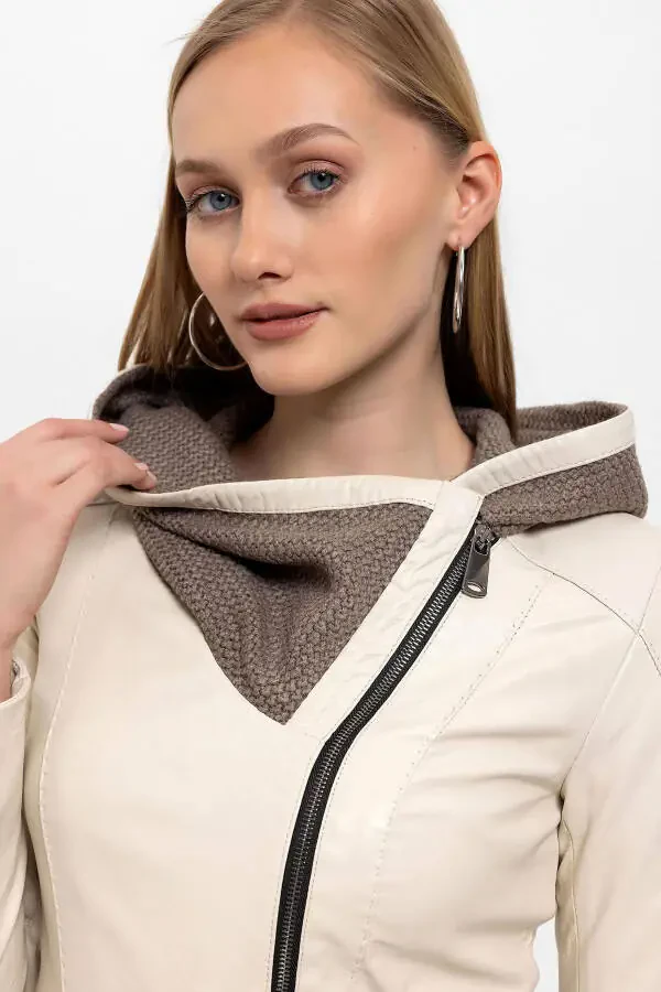 Genuine leather women's jacket with beige Antonia knit hood. - 2