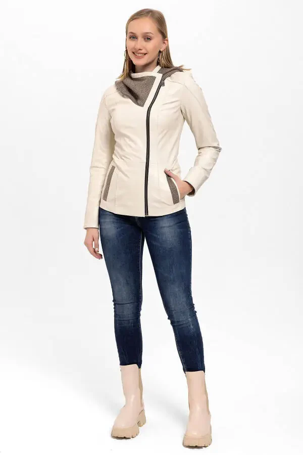 Genuine leather women's jacket with beige Antonia knit hood. - 3