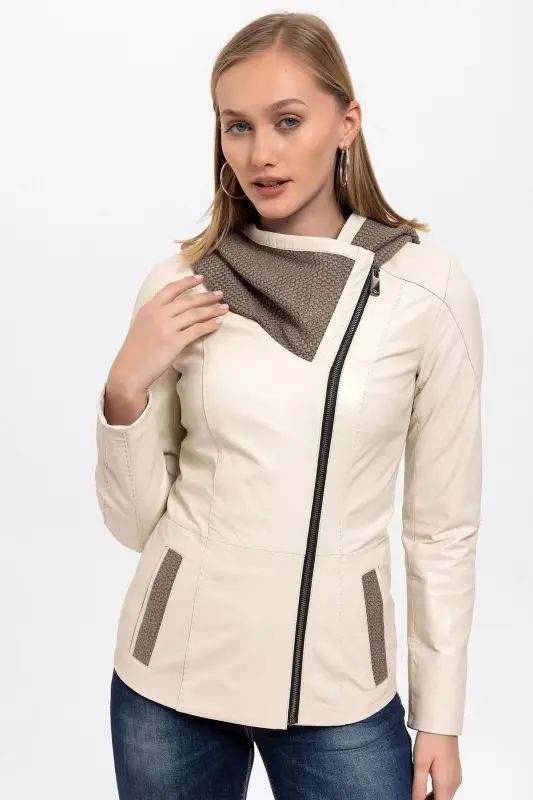 Genuine leather women's jacket with beige Antonia knit hood. - 4
