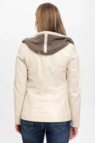 Genuine leather women's jacket with beige Antonia knit hood. - 5