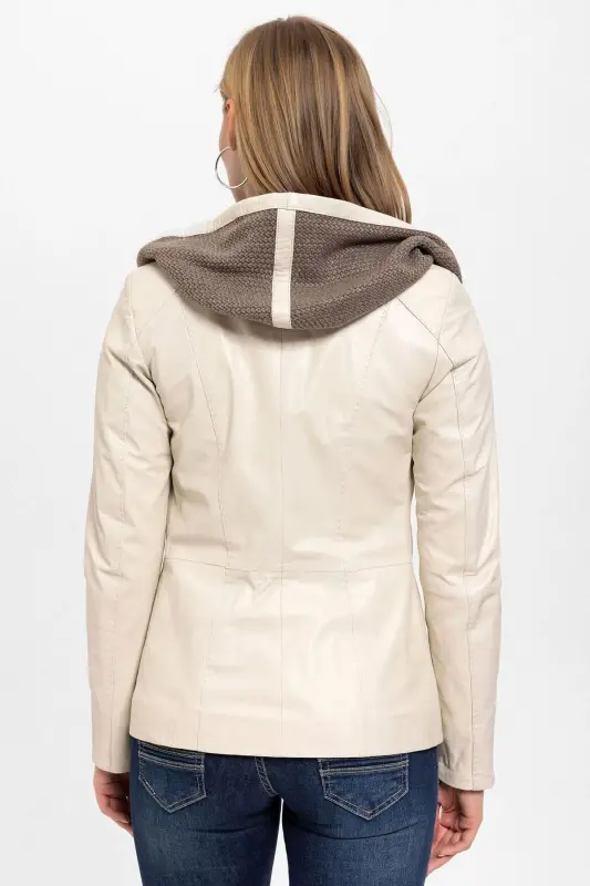 Genuine leather women's jacket with beige Antonia knit hood. - 5