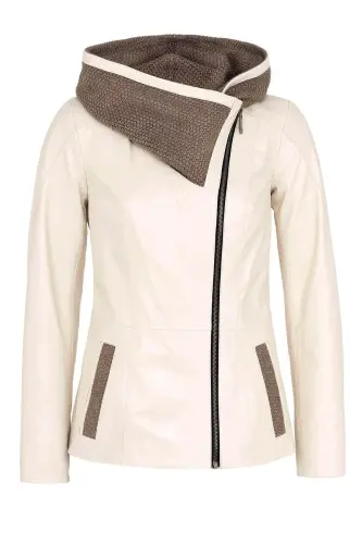 Genuine leather women's jacket with beige Antonia knit hood. - 6