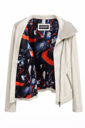 Genuine leather women's jacket with beige Antonia knit hood. - 7
