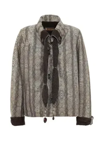 Genuine leather women's jacket with Silvia scarf, Python print and snap closure. - 5