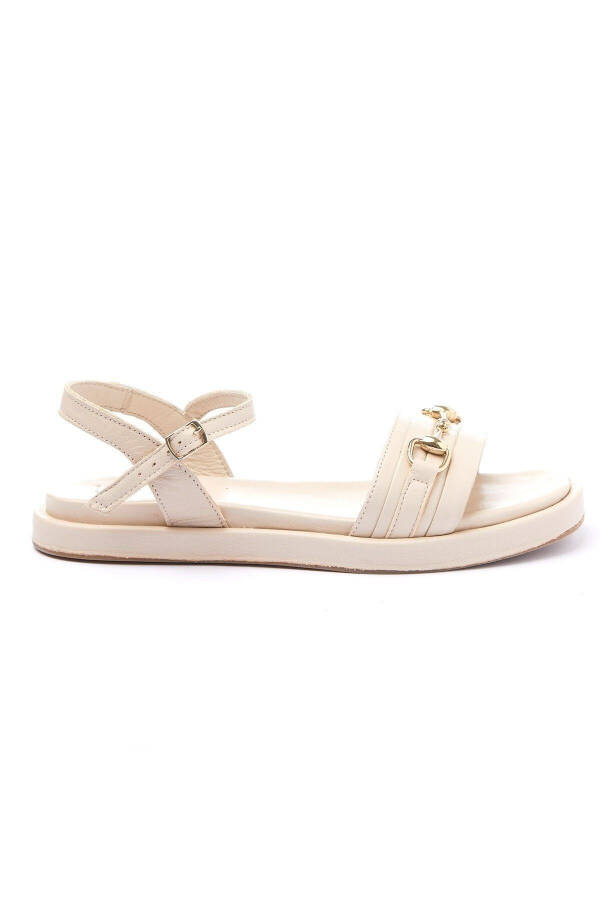 Genuine leather women's sandals, off-white, metal buckle detail, soft sole, ankle strap. - 2