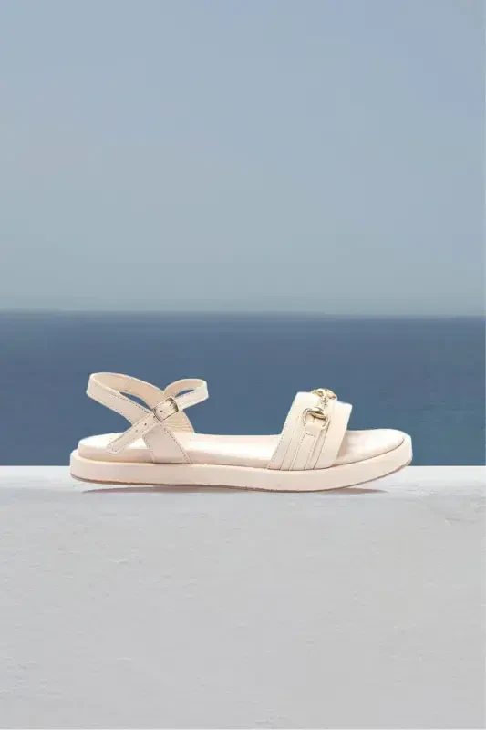 Genuine leather women's sandals, off-white, metal buckle detail, soft sole, ankle strap. - 2