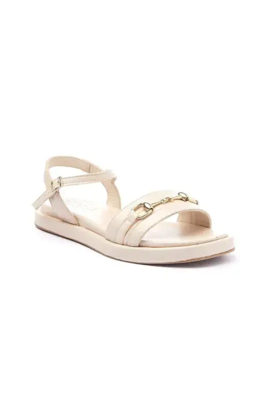 Genuine leather women's sandals, off-white, metal buckle detail, soft sole, ankle strap. - 3
