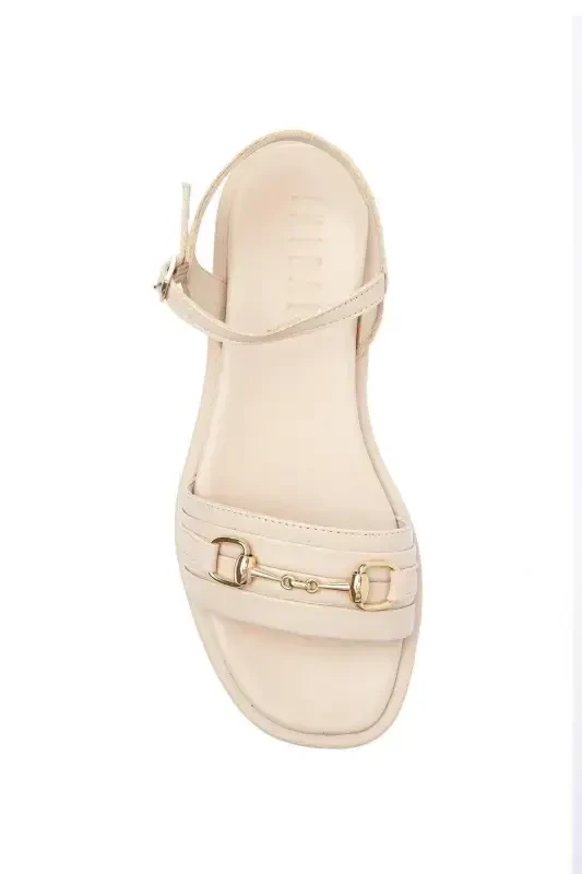 Genuine leather women's sandals, off-white, metal buckle detail, soft sole, ankle strap. - 5