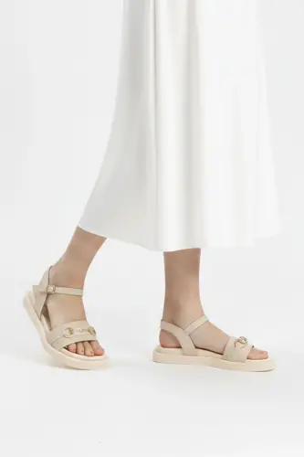 Genuine leather women's sandals, off-white, metal buckle detail, soft sole, ankle strap. - 7
