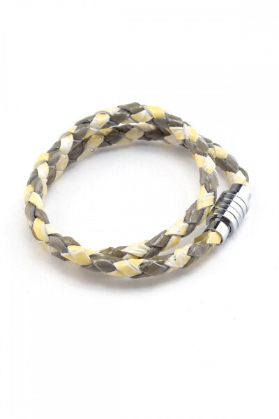 Genuine leather woven bracelet, green and yellow colors, with magnetic closure. - DERIDERIM