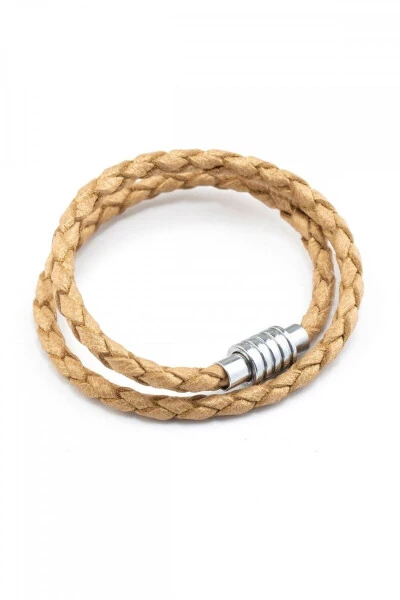 Genuine leather woven bracelet with magnetic closure, straw yellow. - DERIDERIM