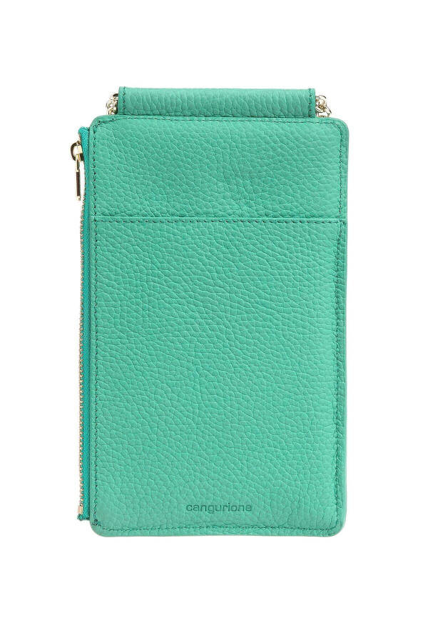 Genuine leather, zippered, green gold chain strap, phone and card slot women's wallet bag. - 5