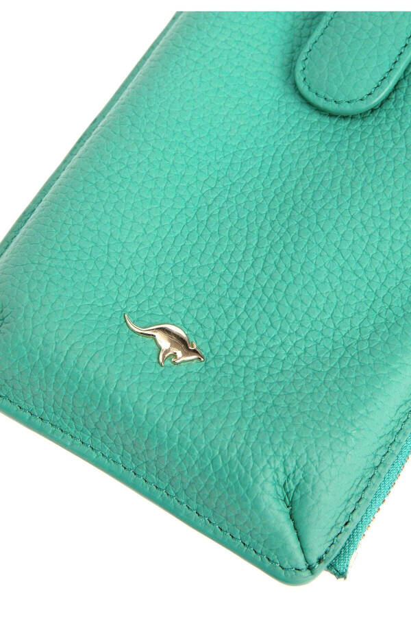 Genuine leather, zippered, green gold chain strap, phone and card slot women's wallet bag. - 7