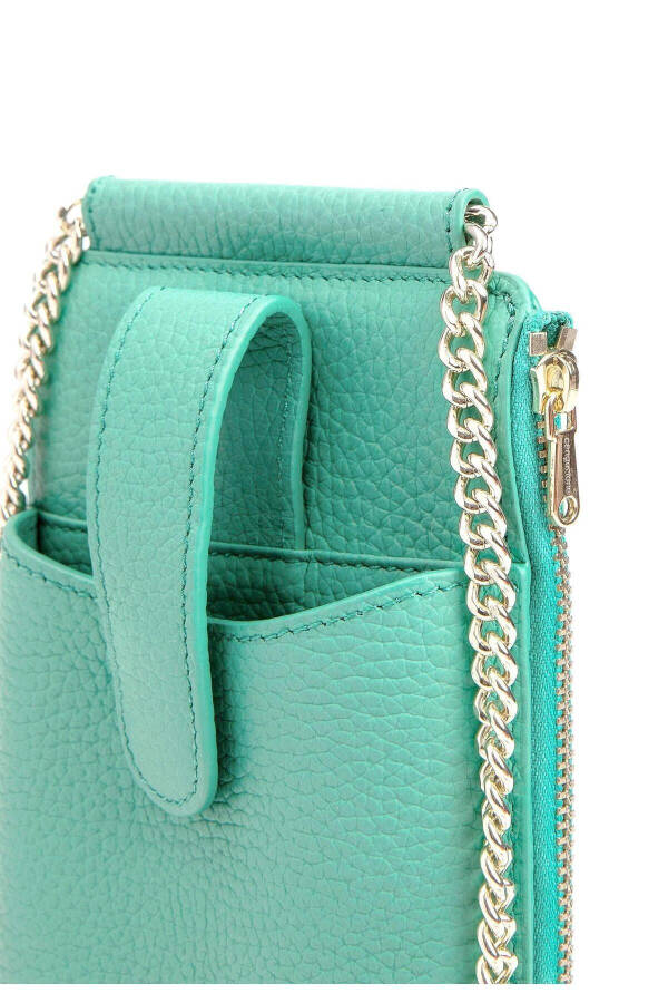 Genuine leather, zippered, green gold chain strap, phone and card slot women's wallet bag. - 8