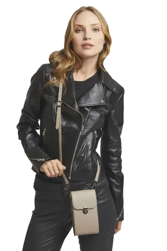 Genuine mink leather crossbody phone bag with card holder and zippered women's bag. - DERIDERIM