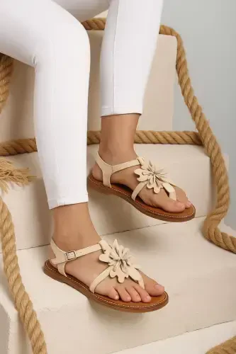 Genuine suede, floral, thong, coffee leather, ankle strap women's sandal. - 1