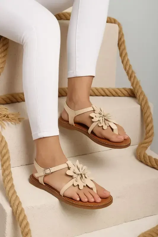 Genuine suede, floral, thong, coffee leather, ankle strap women's sandal. - 1