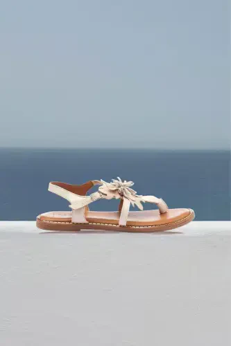 Genuine suede, floral, thong, coffee leather, ankle strap women's sandal. - DERIDERIM (1)