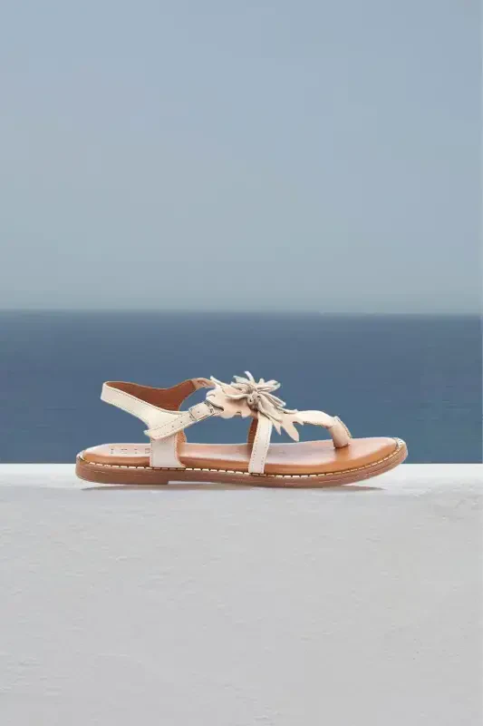 Genuine suede, floral, thong, coffee leather, ankle strap women's sandal. - 2