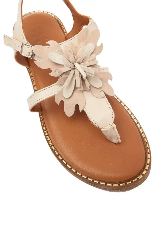 Genuine suede, floral, thong, coffee leather, ankle strap women's sandal. - 6