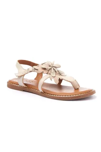 Genuine suede, floral, thong, coffee leather, ankle strap women's sandal. 