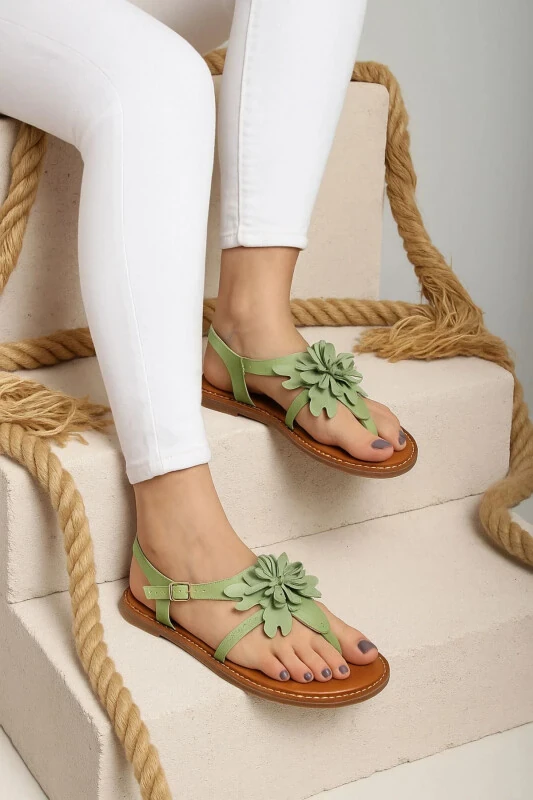 Genuine suede, floral toe, coffee leather, ankle strap women's sandal. - DERIDERIM