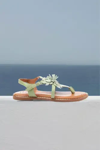 Genuine suede, floral toe, coffee leather, ankle strap women's sandal. - DERIDERIM (1)