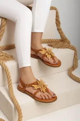 Genuine suede, flower-shaped toe post, coffee genuine leather ankle strap women's sandal. - 1