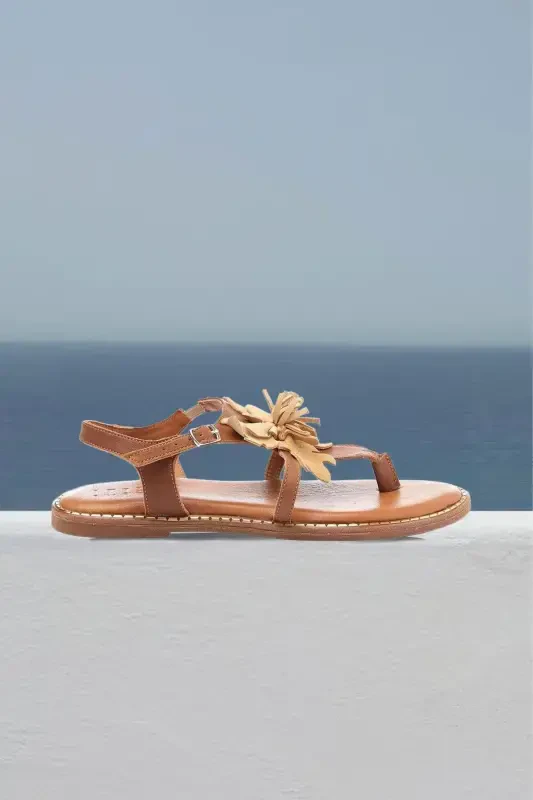 Genuine suede, flower-shaped toe post, coffee genuine leather ankle strap women's sandal. - 2
