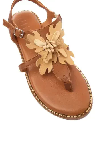 Genuine suede, flower-shaped toe post, coffee genuine leather ankle strap women's sandal. - 5