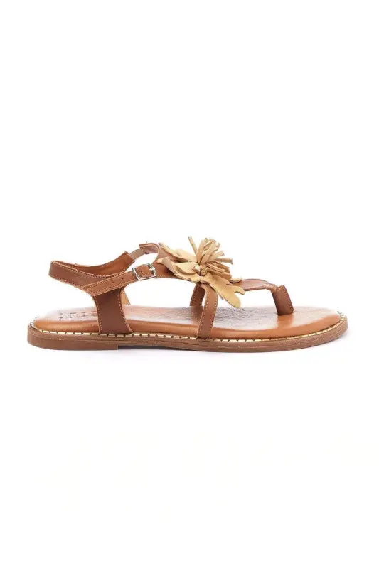 Genuine suede, flower-shaped toe post, coffee genuine leather ankle strap women's sandal. - 2