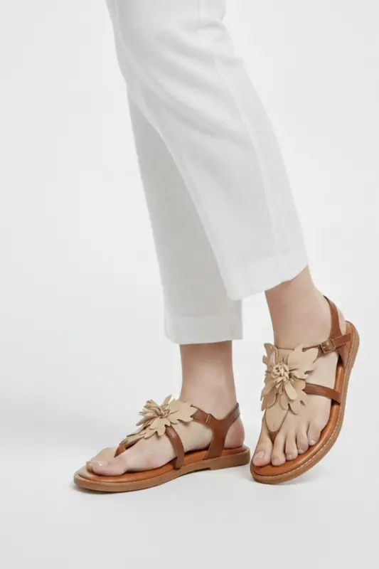 Genuine suede, flower-shaped toe post, coffee genuine leather ankle strap women's sandal. - 6