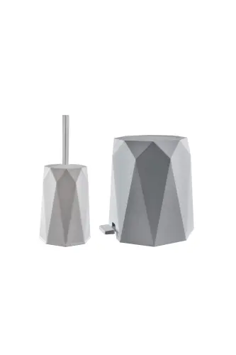 Geo 2'li Banyo Seti (Plastik 5 lt Çöp Kovası Ve Tuvalet Fırçası Taş Rengi)-GRİ 