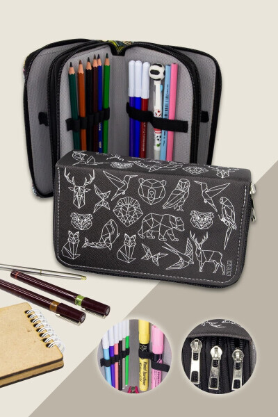 Geometric Drawing Pencil Case with Three Compartments Vegan Leather (pencil case) 