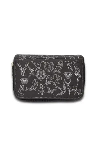 Geometric Drawing Pencil Case with Three Compartments Vegan Leather (pencil case) - SIZE (1)