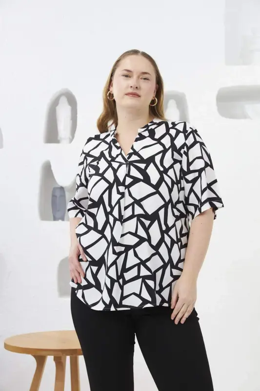 Geometric Pattern Cowl Neck Plus Size Blouse Black - BÜYÜKBEDENIZ