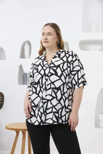 Geometric Pattern Cowl Neck Plus Size Blouse Black - 4