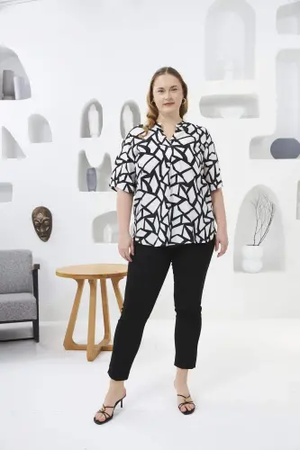 Geometric Pattern Cowl Neck Plus Size Blouse Black - 5